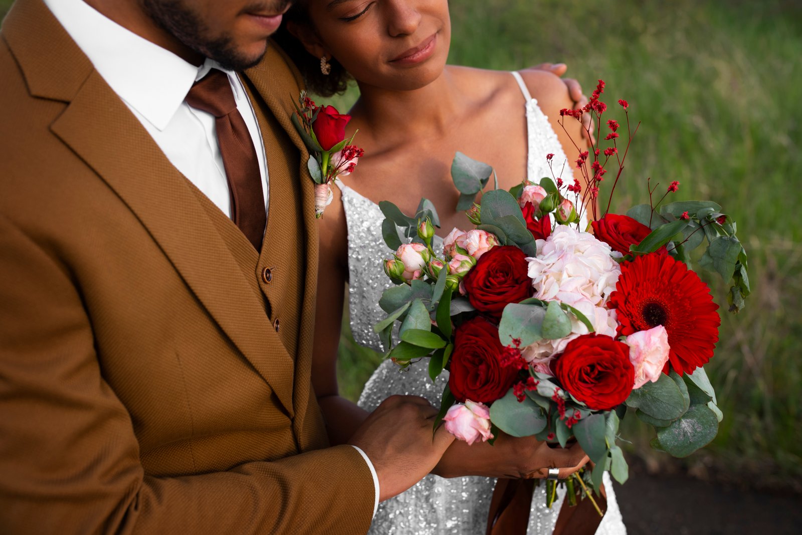 High Angle Bride Groom Posing With Flowers
